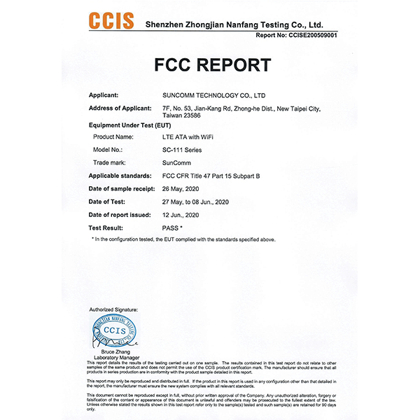 sc-111 series fcc part 15b certificate
